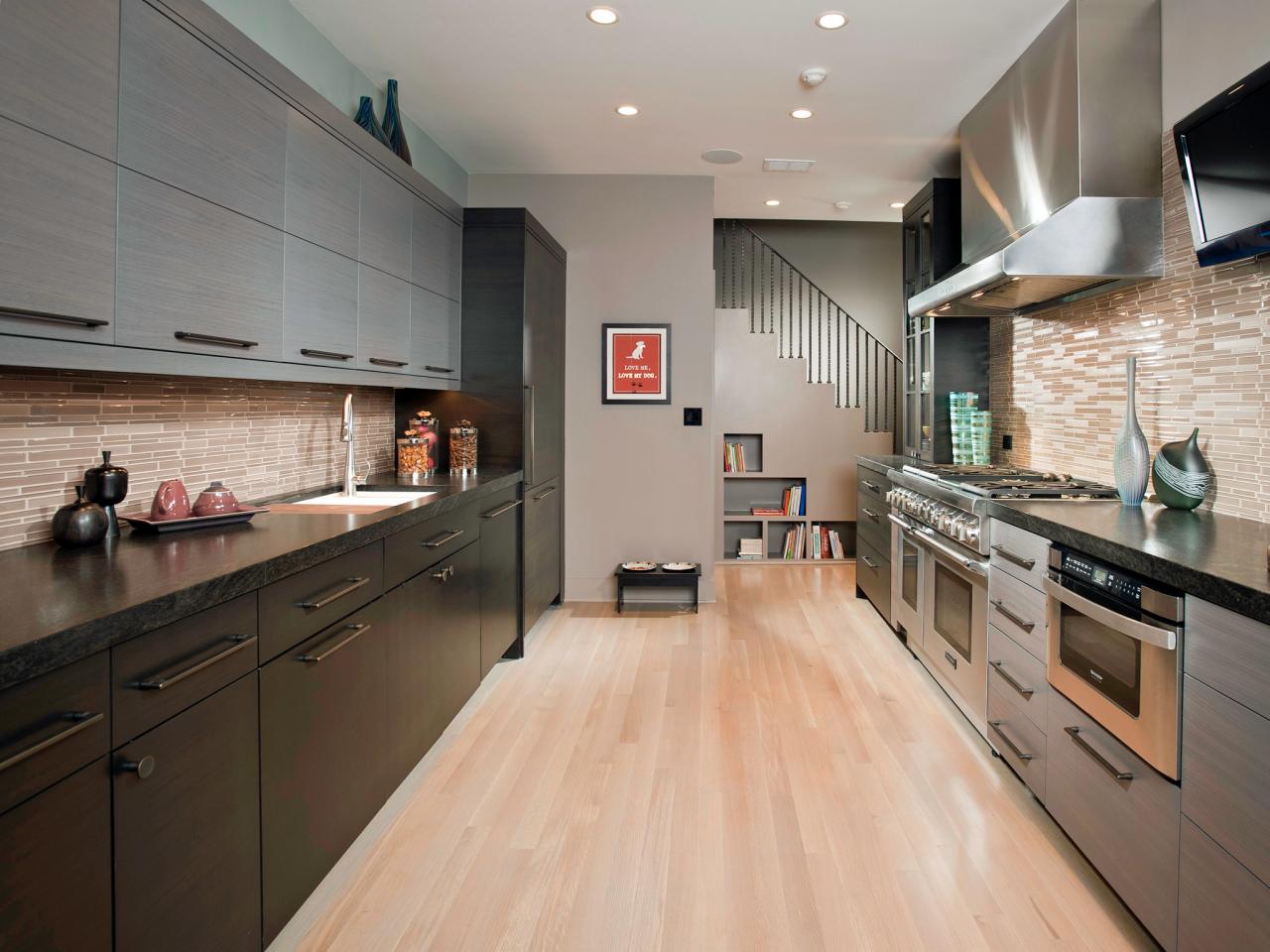 galley kitchen design with dark cabinet