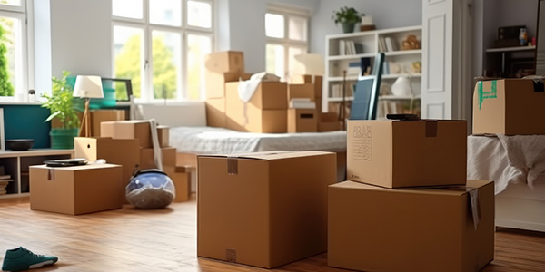 Cardboard Moving Boxes Stacked in a Bedroom