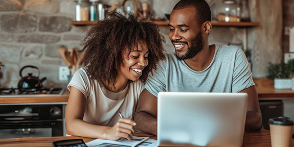 Couple Planning a Moving Budget at Kitchen Table