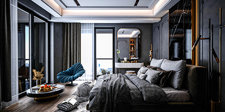 Bedroom With Black Walls and Dark Furniture