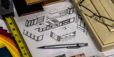 Kitchen Remodel Plans With Pen, Measuring Tape and Glasses
