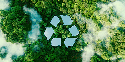 Lake in Shape of Recycling Sign Surrounded by Green Trees