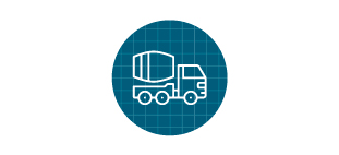 Concrete truck icon in front of blue grid. 